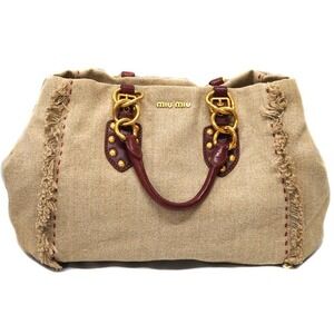 Miu Miu tote shoulder bag fringe hemp brown beige red stitching